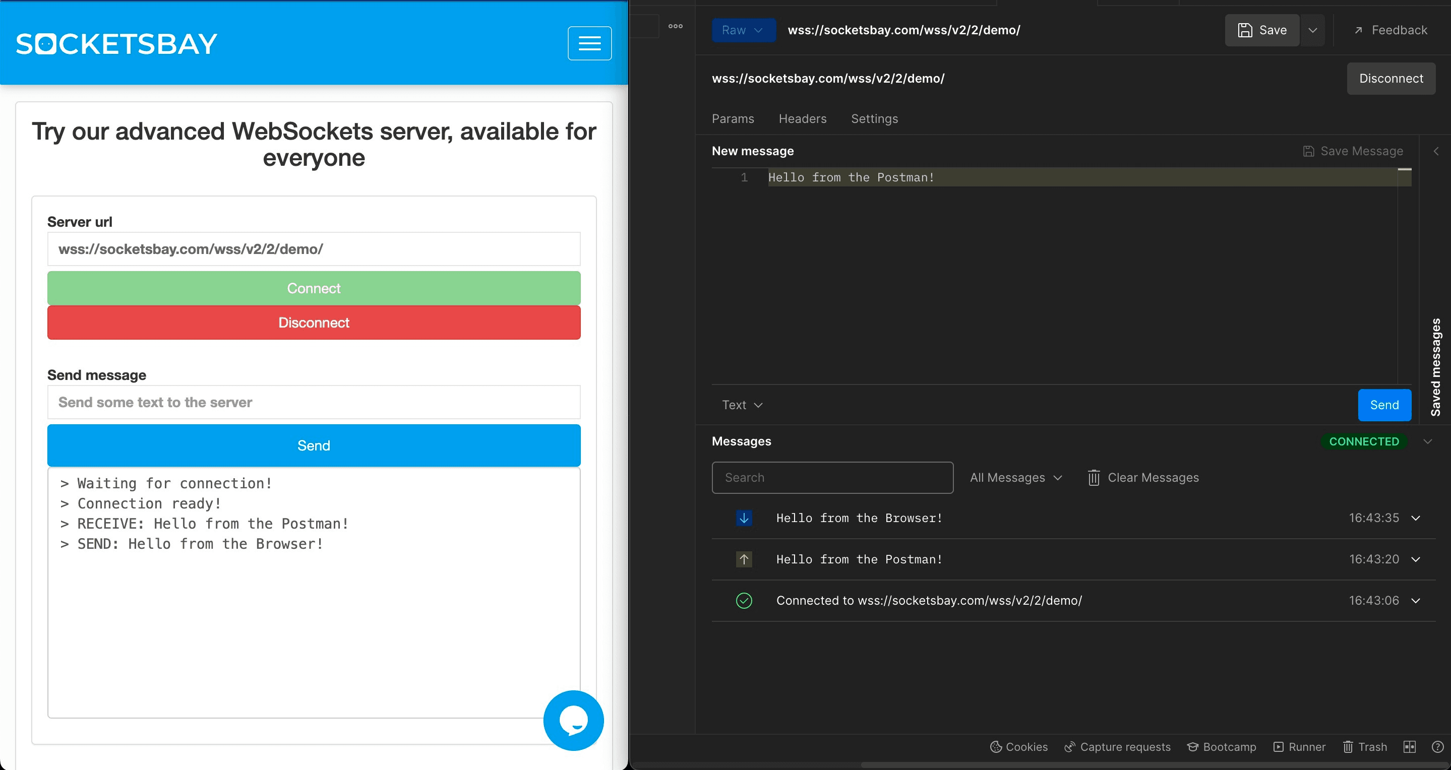 Postman WebSocket message exchange